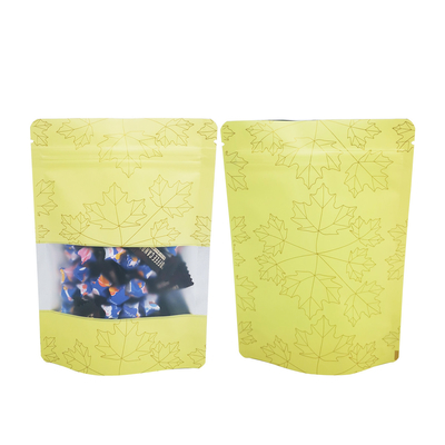 comprar Folha de arce design amarelo revestido de odor à prova de bolsas de zipper stand up com janela transparente mate para embalagens de alimentos online manufacture