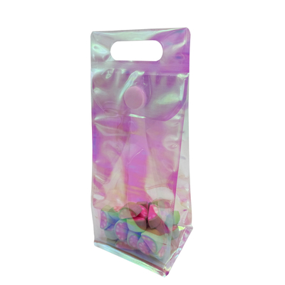 comprar Bolsa holográfica personalizada Arco-íris rosa transparente de fundo plano Bolsas de pé com botão pegajoso recolocável para acessório de doces online manufacture