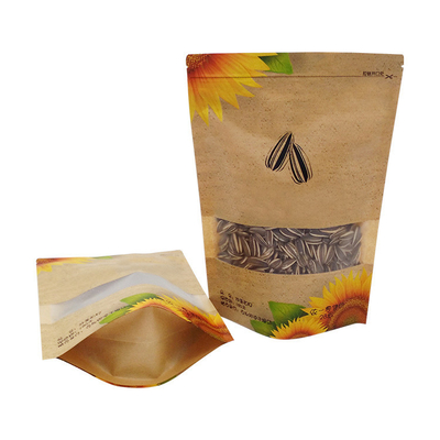 comprar Resistente à água recolocável Ziplock Kraft Stand Up pouches com janela para sementes de girassol Nozes embalagem de alimentos online manufacture