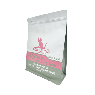 2500g Custom Matte White 8 Sides Seal AL Foil Coated Square Box Bottom Pet Food Packaging Bags with Easy-open Zipper