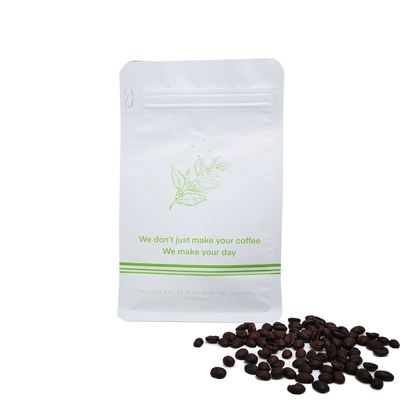Impressão personalizada 340 gramas 12oz branco fosco fundo plano saco de café com válvula dianteira rasgar off ziplock